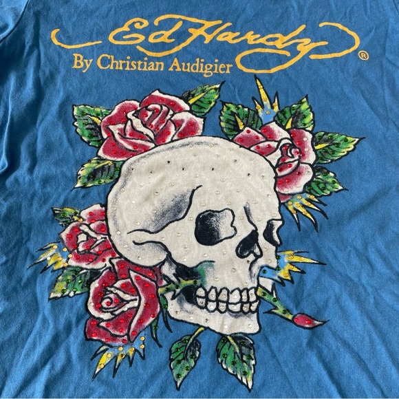 Ed Hardy Skull Rose Blue Tee Rhinestone by Christian Audigier Size M - Picture 6 of 11